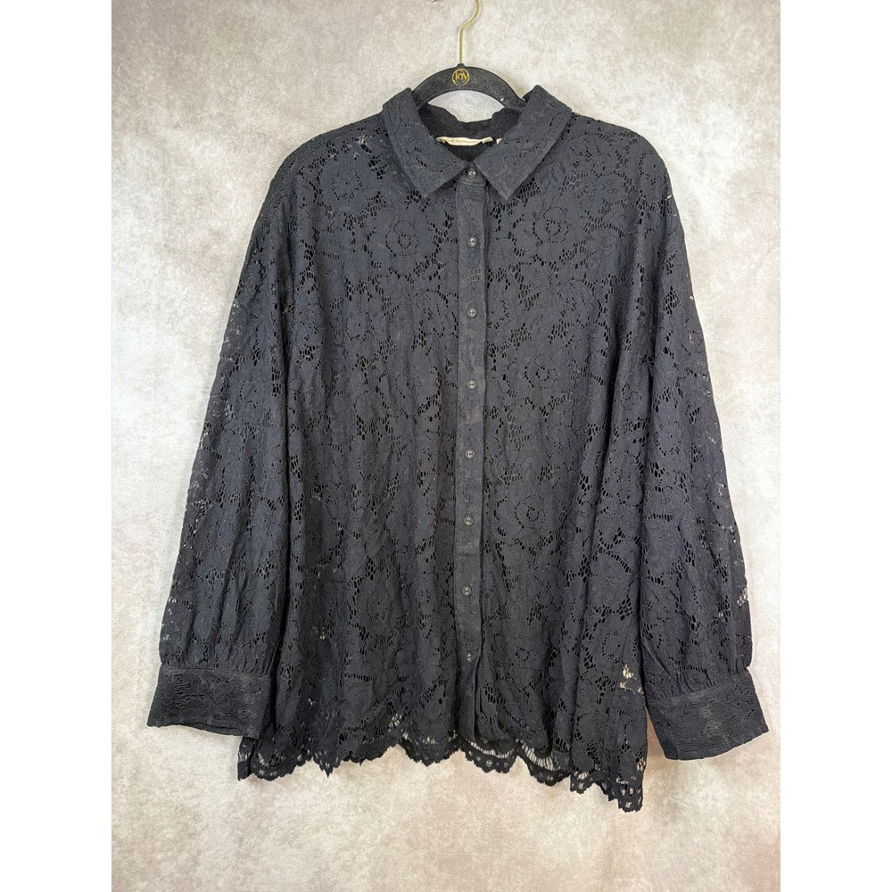 Soft Surroundings Lisa Lace Shirt Women 1X Black Button Front 2-Piece Cami 5GP83